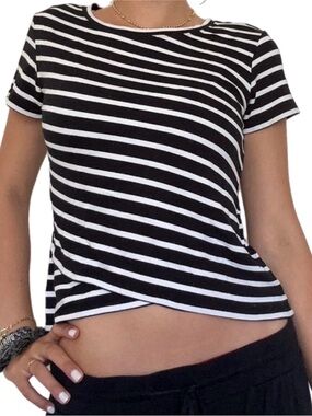 CAbi | Gracie Crop Top Black & White Stripes Criss Cross Hemline